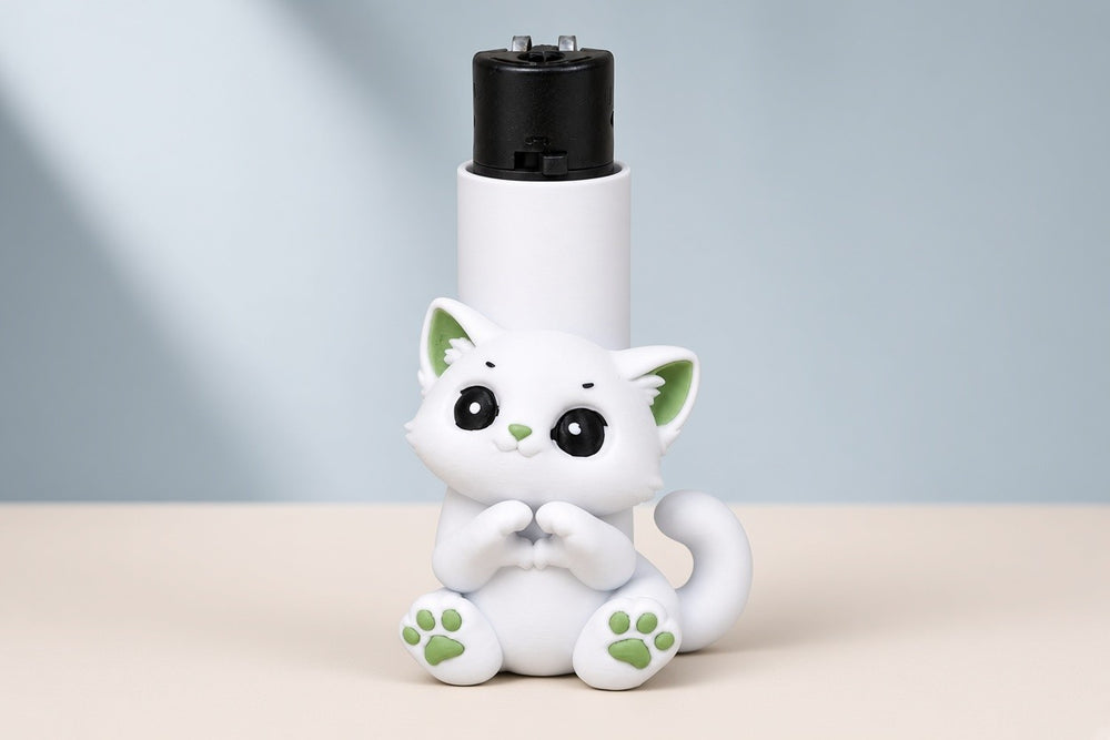 Yeşil pati izli beyaz kedi figürü tasarımlı tekli çakmak, model 014